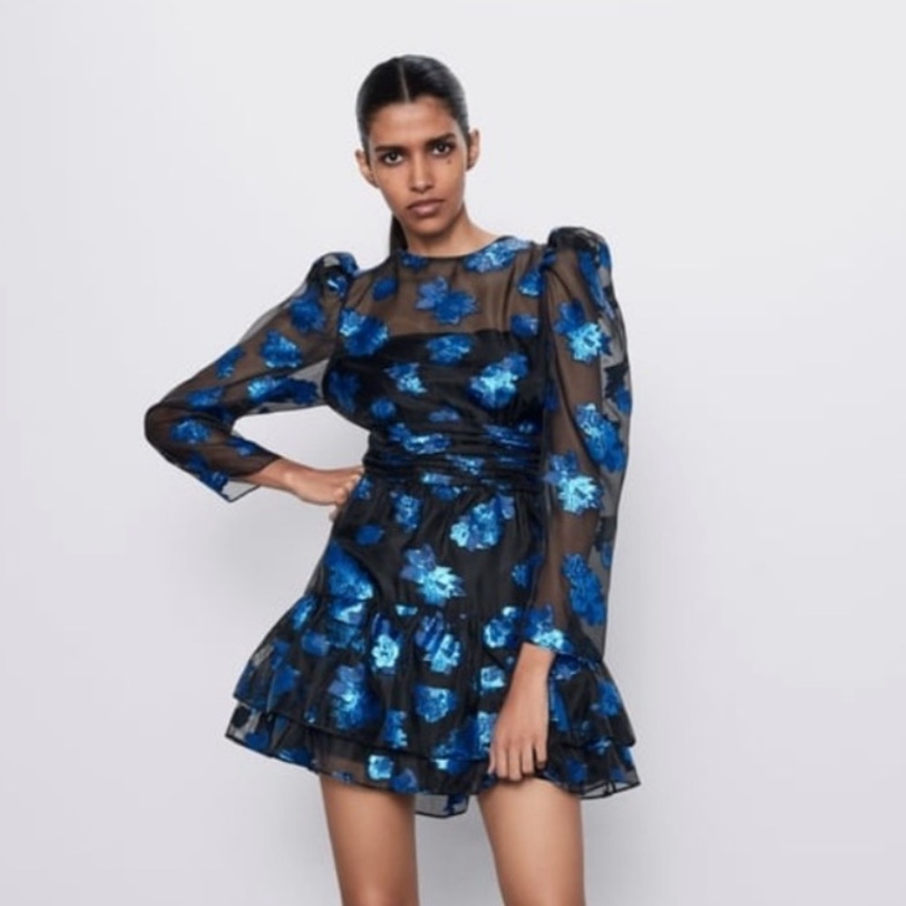 Zara Black Tiered Ruffle Organza Blue Floral Long Sleeve Mini Dress Size Small - Picture 2 of 11